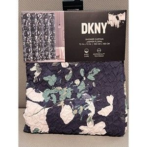 DKNY Jasper Floral Microsculpt Fabric Shower Curtain Navy Green Textured 72” New